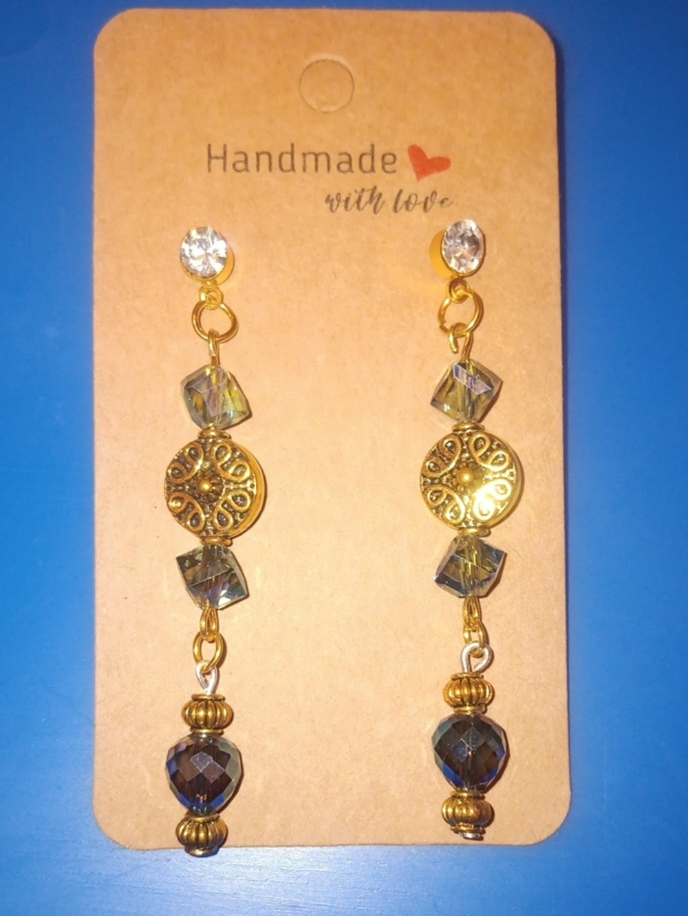 Handmade Gold-Tone Drop Earrings with Iridescent Blue Beads